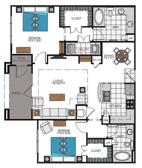 Floor plan for 2 beds, 2 baths, 1201 sqft